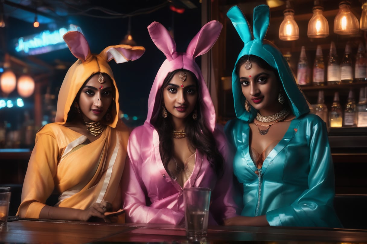 naughty Indian girls wearing bunny outfit in the bar, night, (face and skin details), (best quality, 4k, 8k, masterpiece, realistic, ultra-detailed), 