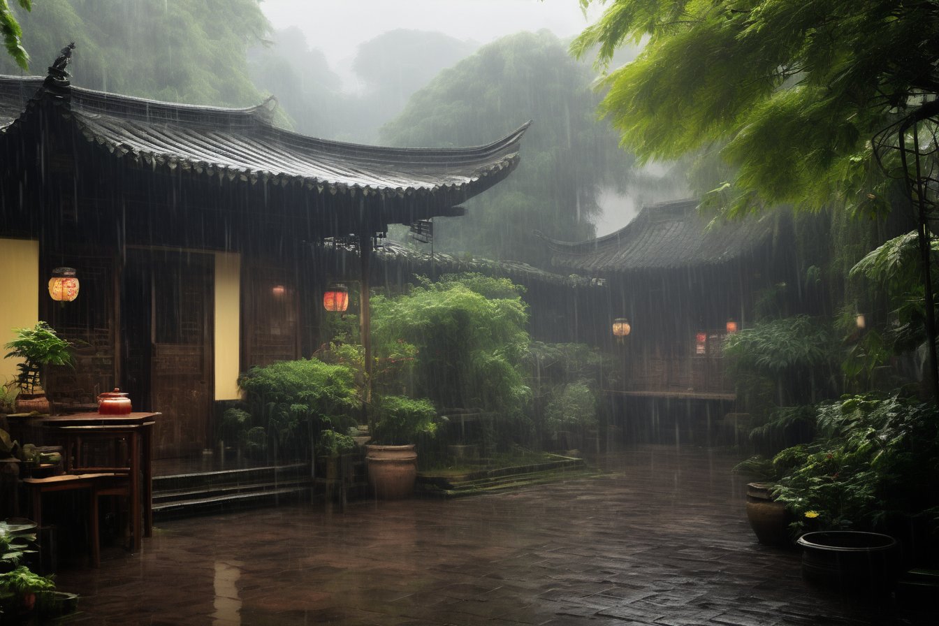 China, backyard, rainy, masterpiece, best quality, photorealistic,