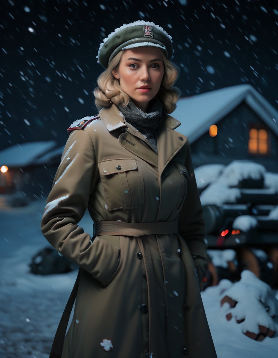 masterpiece, 8k, HDR, best quality, (highly detailed skin), photography, analog style, real life, extremely beautiful, (highly detailed, intricately detailed), (attractive expression), ultra high resolution, German woman, in the military camp, night, snowy, beret, overcoat, skirt, (face and eyes details)