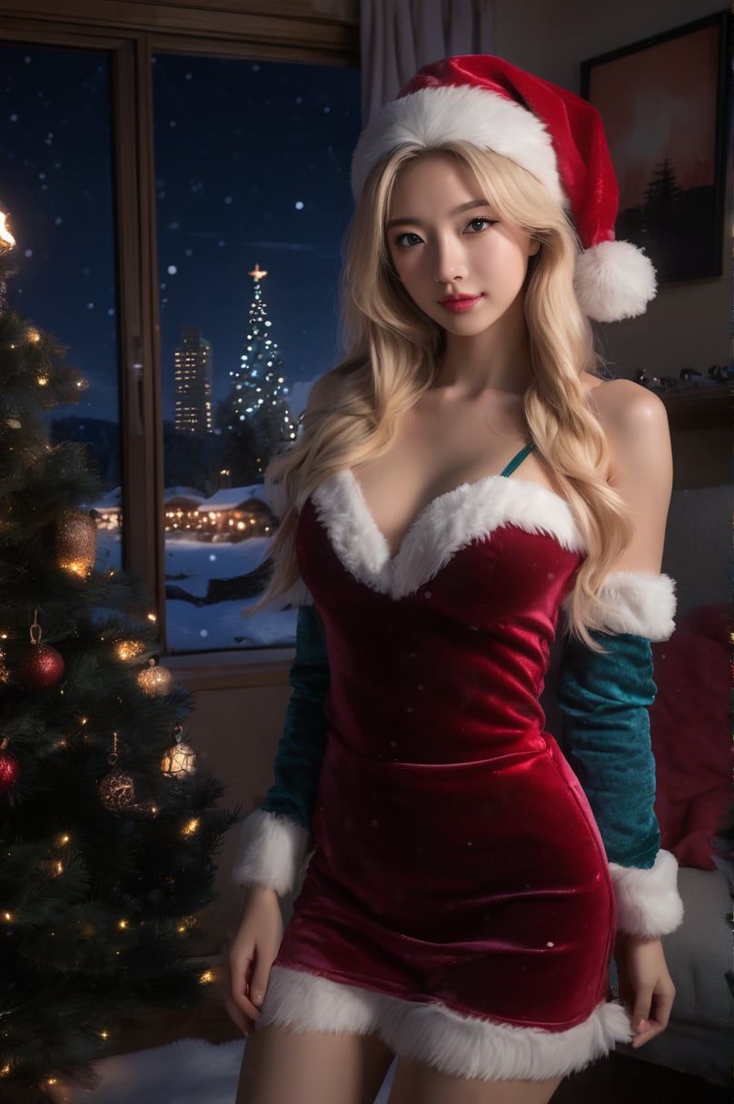 best quality, 4k, 8k, masterpiece, realistic, ultra-detailed, sexy blonde Korean woman wearing santa outfit in the house, midnight,