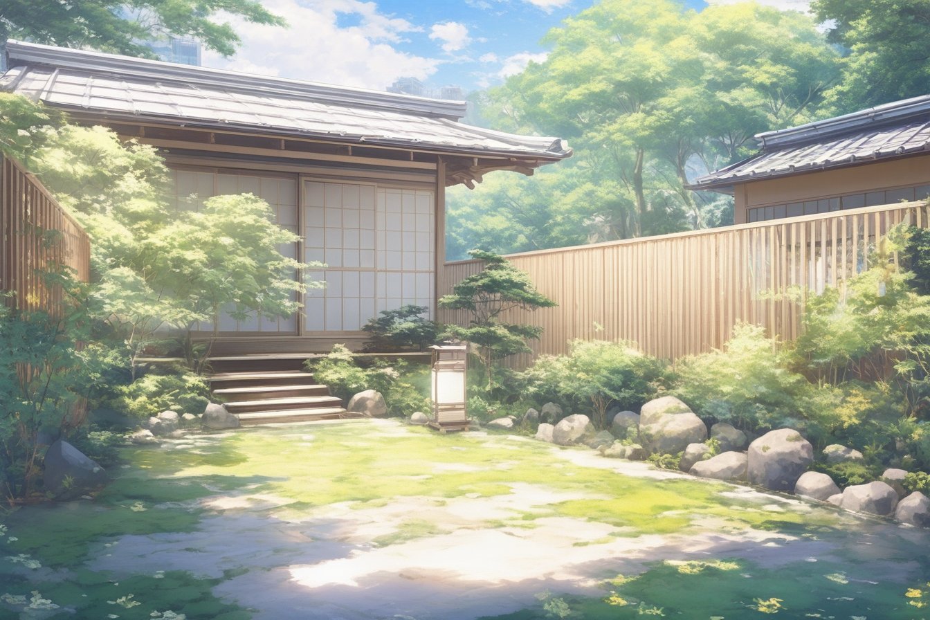 Japan, backyard, summer, masterpiece, best quality, realistic,