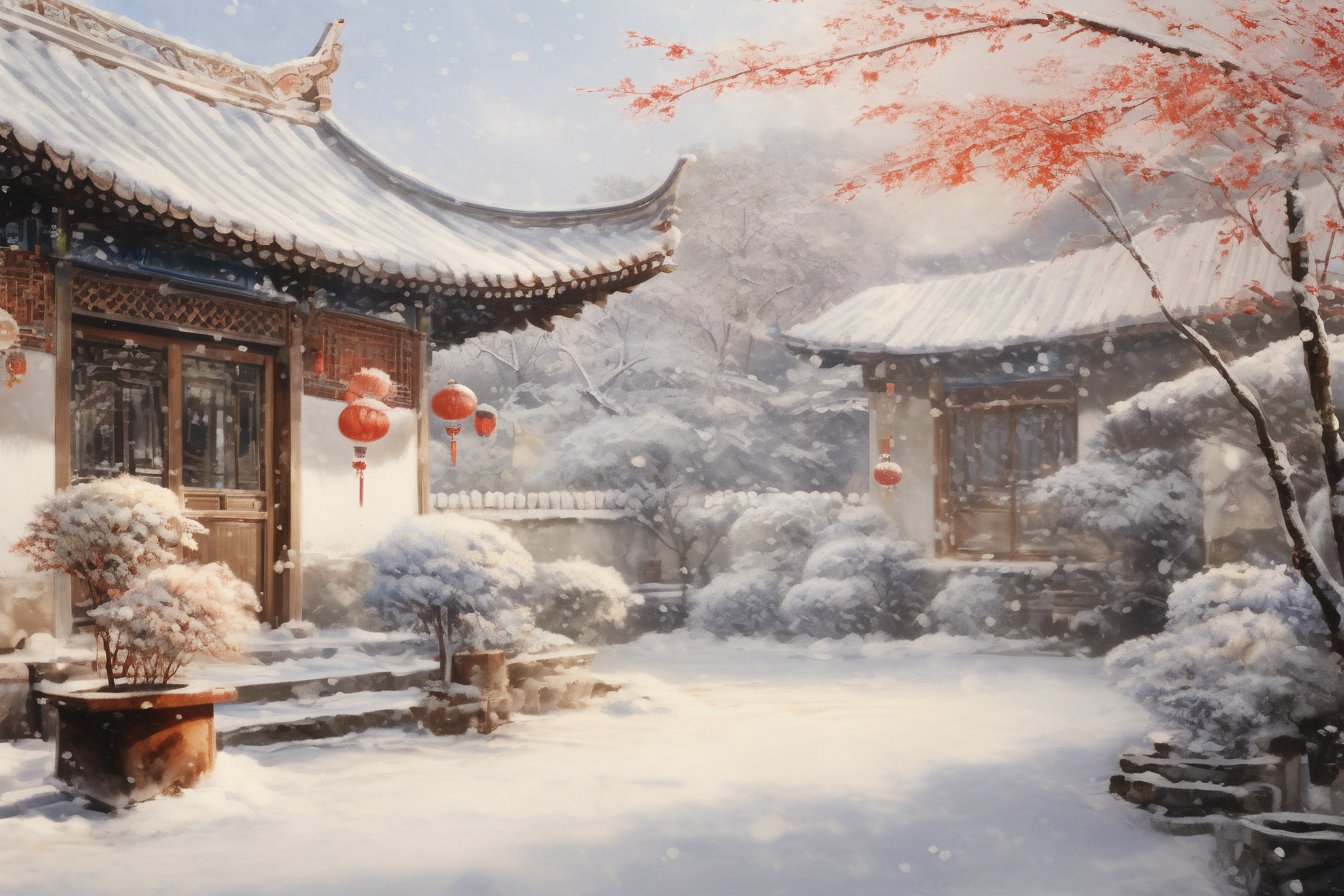 China, backyard, winter, masterpiece, best quality, photorealistic,