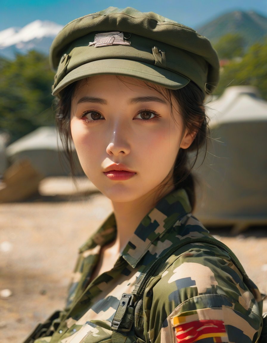 masterpiece, 8k, HDR, best quality, (highly detailed skin), photography, analog style, real life, extremely beautiful, (highly detailed, intricately detailed), (alluring eyes), ultra high resolution, Japanese woman, in the military camp, sunny, sweaty, beret, skirt,