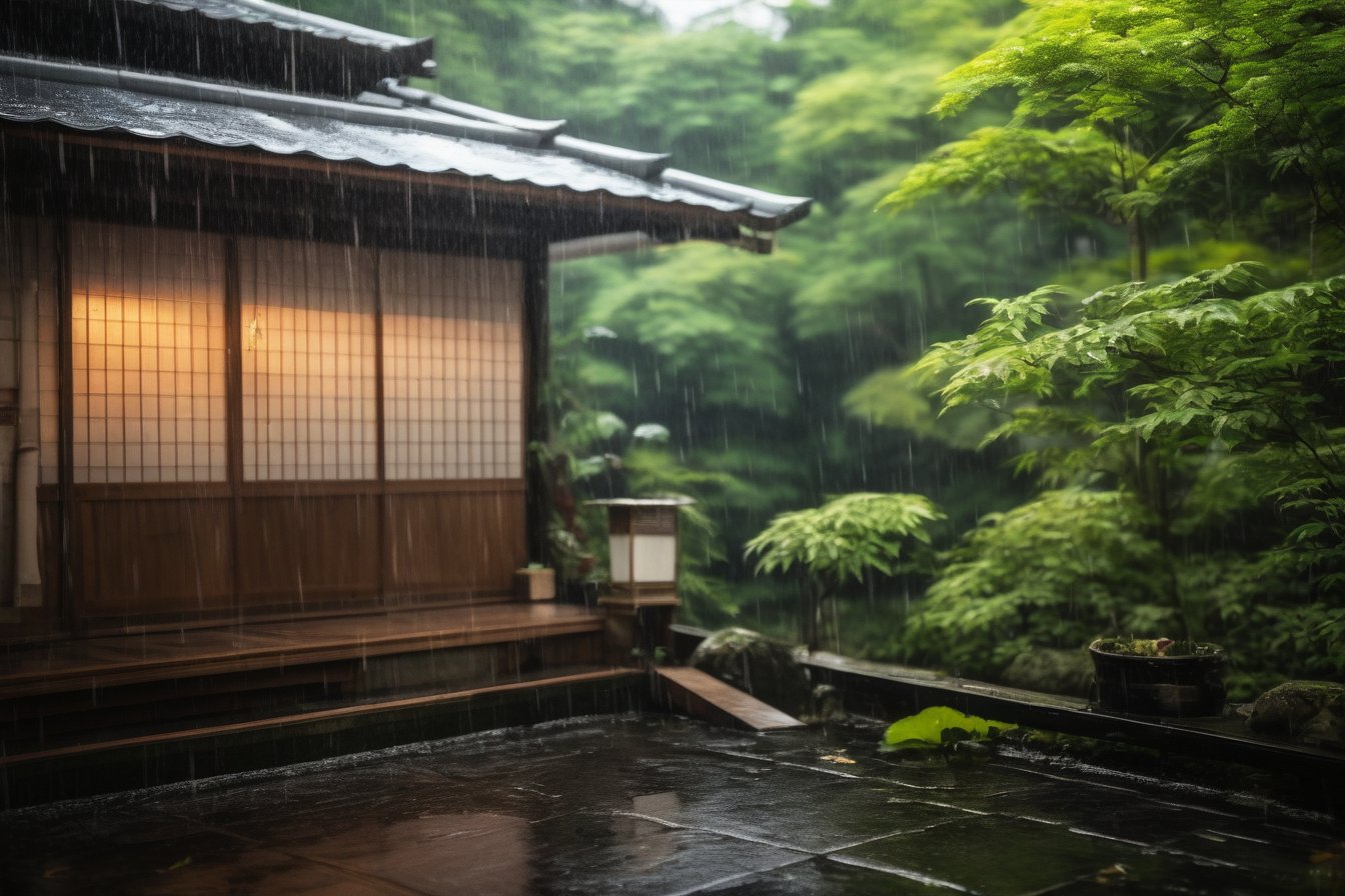 Japan, backyard, rain, masterpiece, best quality, realistic,