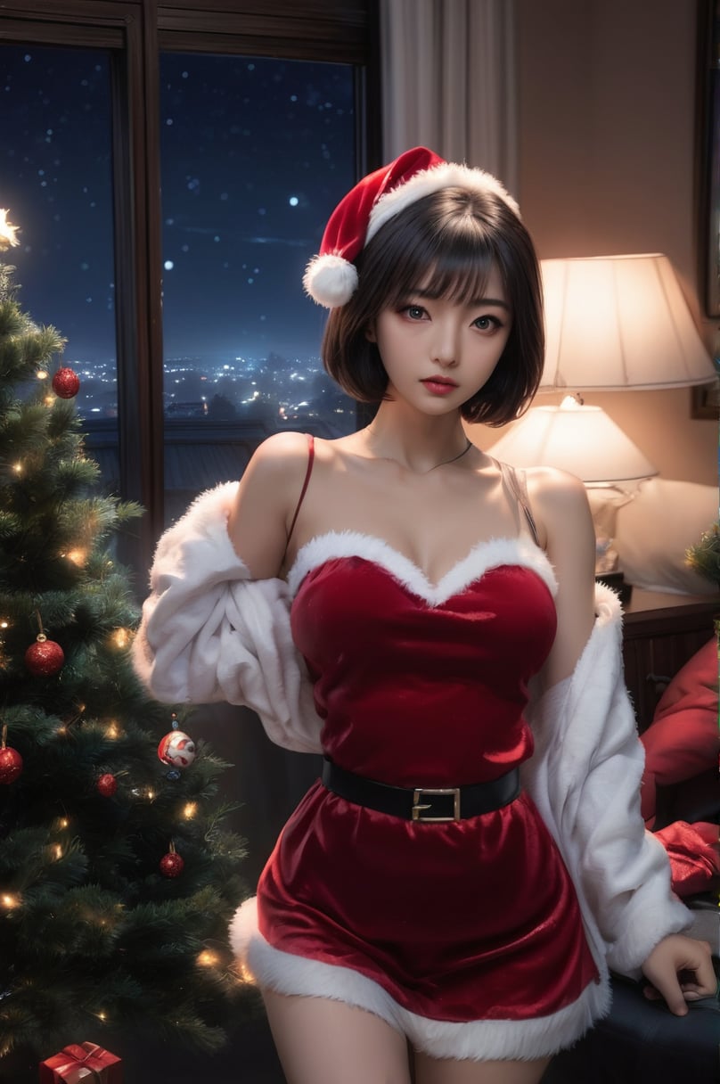 best quality, 4k, 8k, masterpiece, realistic, ultra-detailed, sexy Chinese woman short-hair wearing santa outfit in the house, midnight,