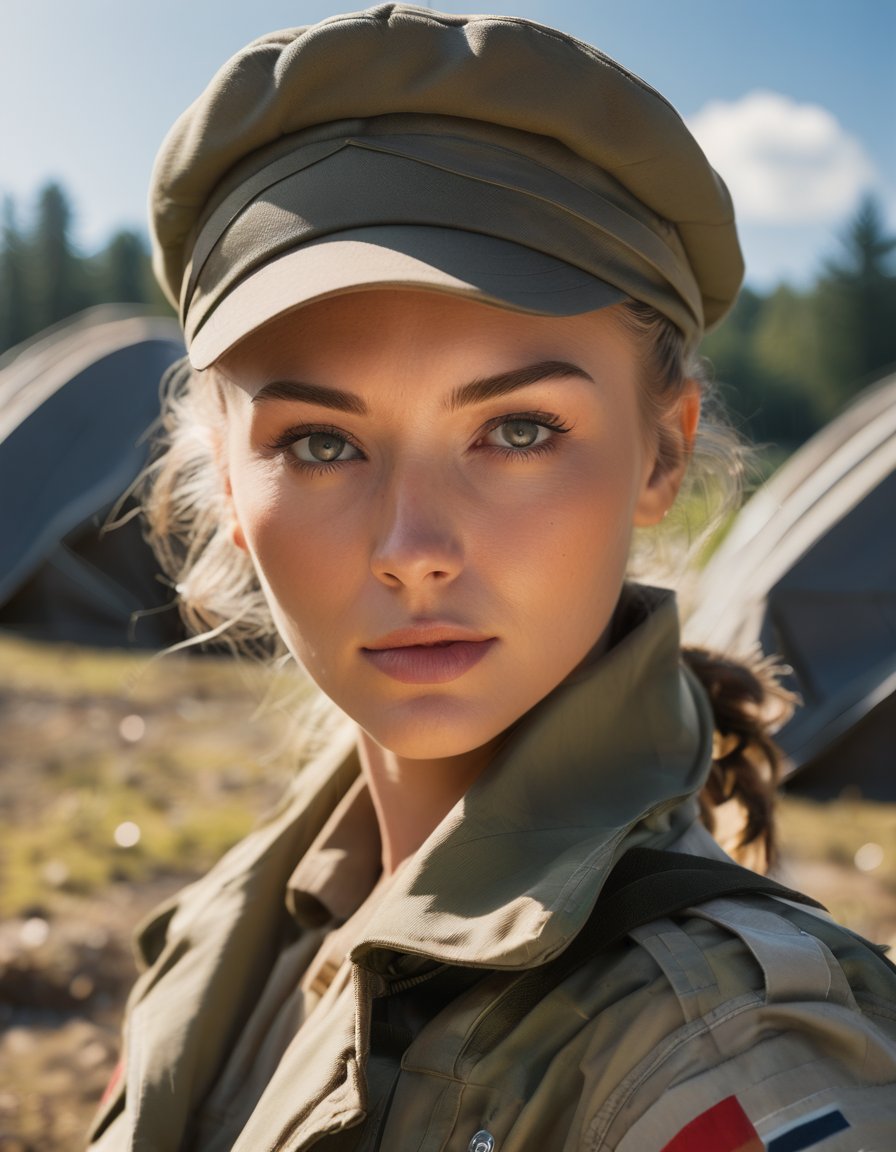 masterpiece, 8k, HDR, best quality, (highly detailed skin), photography, analog style, real life, extremely beautiful, (highly detailed, intricately detailed), (alluring eyes), ultra high resolution, German woman, in the military camp, sunny, sweaty, beret, overcoat,