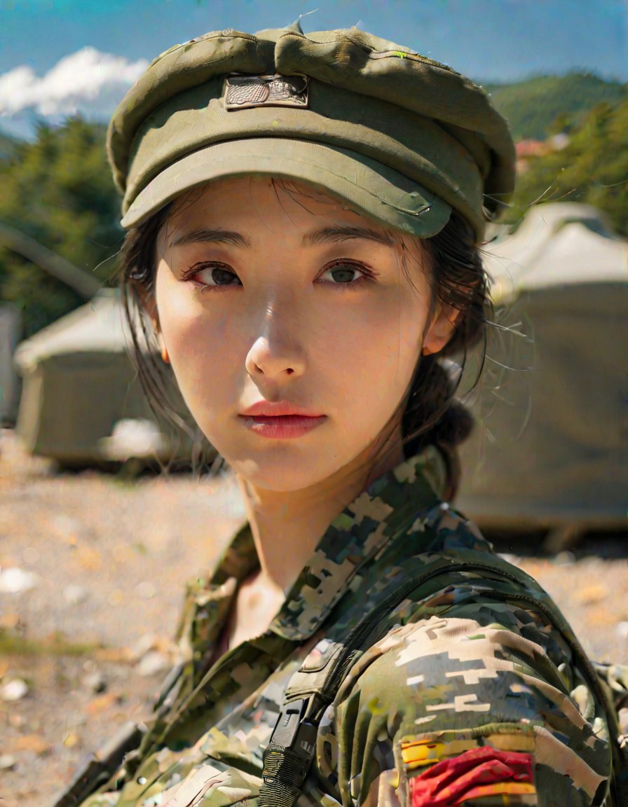 masterpiece, 8k, HDR, best quality, (highly detailed skin), photography, analog style, real life, extremely beautiful, (highly detailed, intricately detailed), (alluring eyes), ultra high resolution, Japanese woman, in the military camp, sunny, sweaty, beret, skirt,