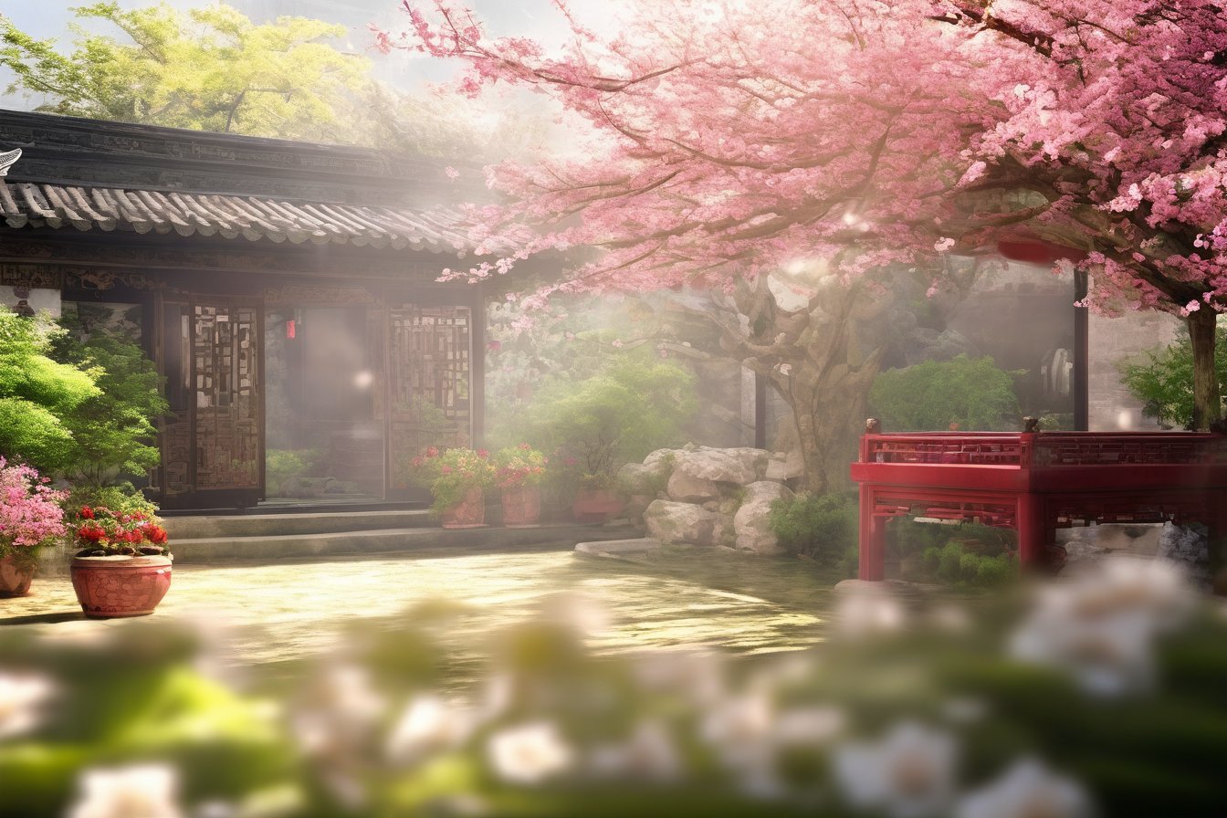 China, backyard, spring, masterpiece, best quality, photorealistic,