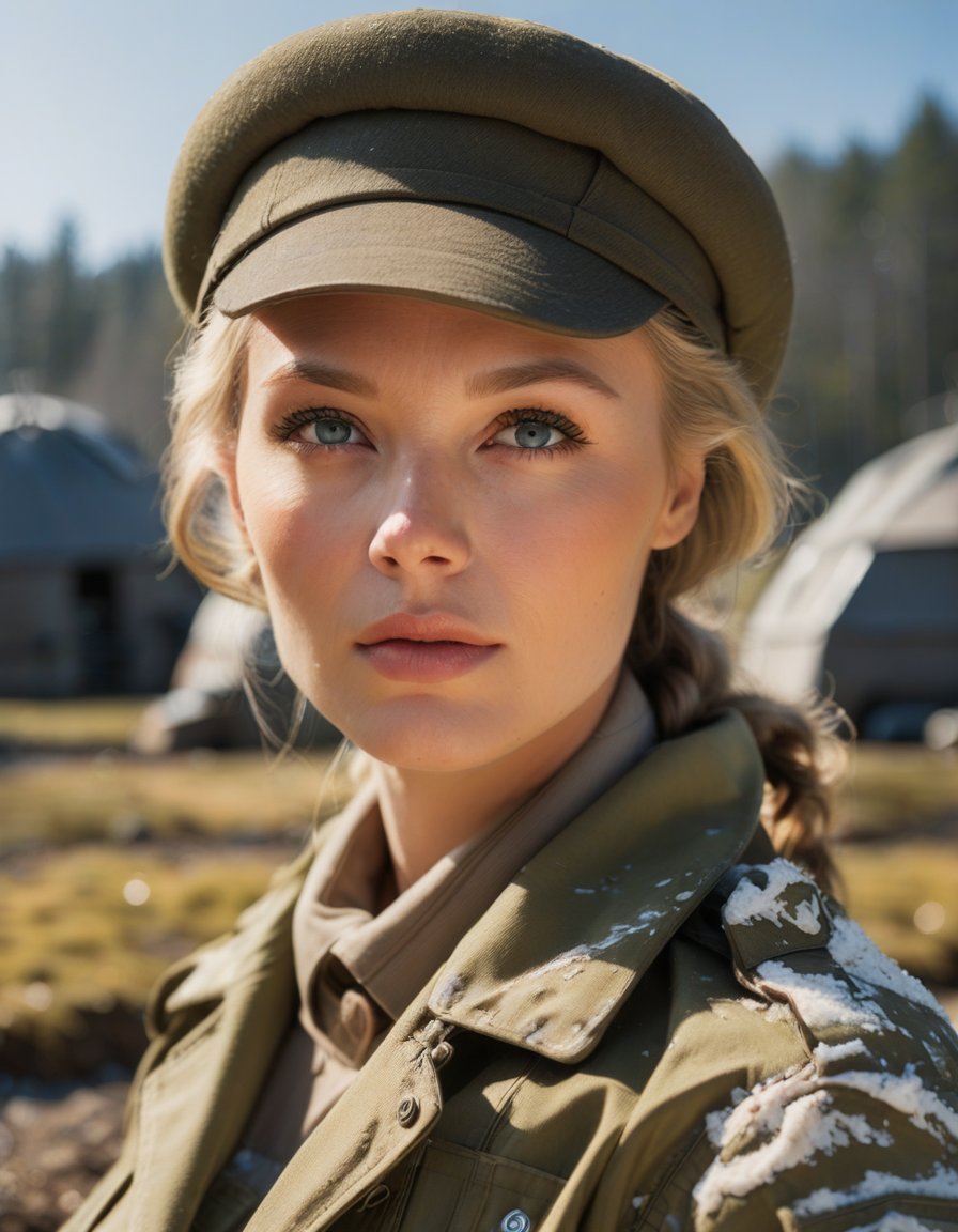 masterpiece, 8k, HDR, best quality, (highly detailed skin), photography, analog style, real life, extremely beautiful, (highly detailed, intricately detailed), (alluring eyes), ultra high resolution, German woman, in the military camp, sunny, sweaty, beret, overcoat,