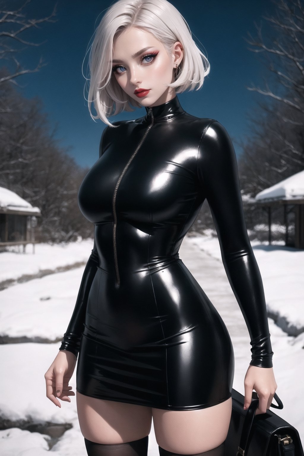 Mujer demonio en paisaje invernal, Cabello largo y gris, ojos de gato, latex_suit , short_skirt, glittering in dress, Hermosa y sensual