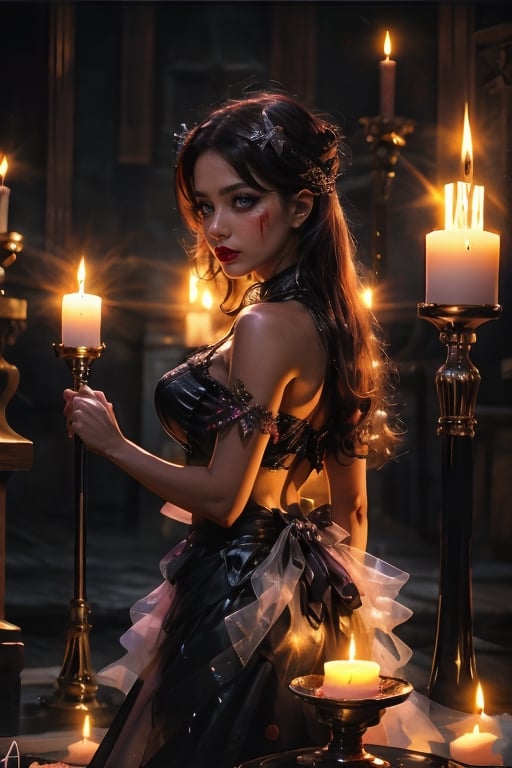 Un Succubus en un altar de sacrificios, con una mirada ardiente y un aura de deseo irresistible, seduciendo a aquellos que se aventuran demasiado cerca de su dominio oscuro.