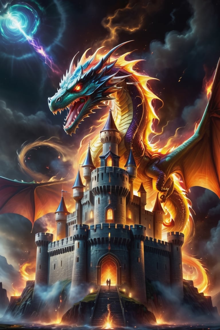 Genera una representación de un dragón majestuoso volando sobre un castillo en llamas, en una batalla épica,monster,Renaissance Sci-Fi Fantasy,DonMn1ghtm4reXL,fire element