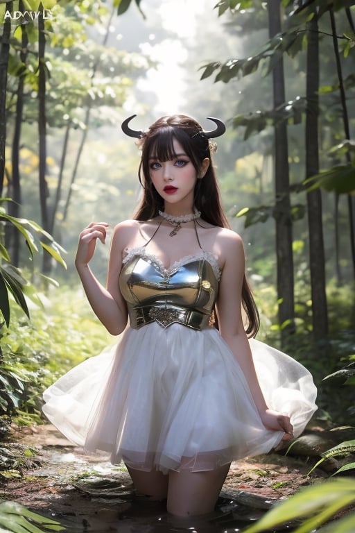 Crea un Succubus en un bosque encantado, con una figura esbelta y vestida con ropas sugerentes, atrayendo a los desprevenidos con su encanto irresistible