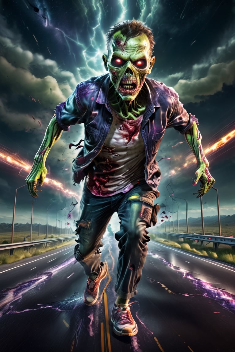 A zombie is running in test speed on the highway, best quality, masterpiece