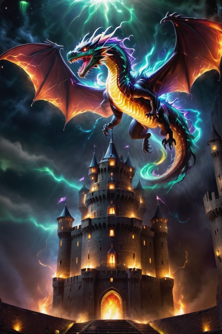 Genera una representación de un dragón majestuoso volando sobre un castillo en llamas, en una batalla épica,monster,Renaissance Sci-Fi Fantasy,DonMn1ghtm4reXL,fire element