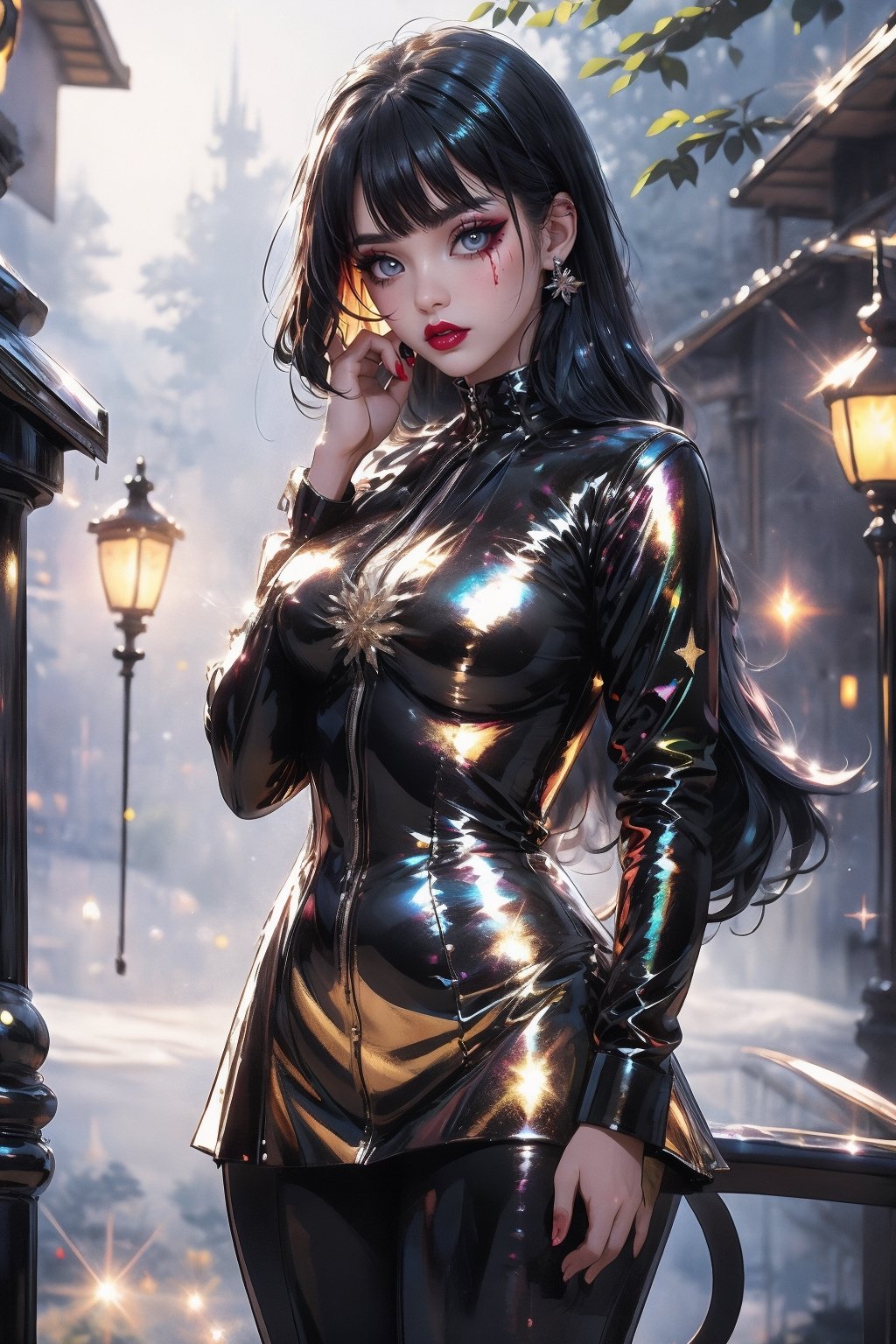 Mujer demonio en paisaje magico, Cabello muy largo y gris, ojos de gato, latex_suit , short_skirt, glittering in dress, Hermosa y sensual,glitter,shiny