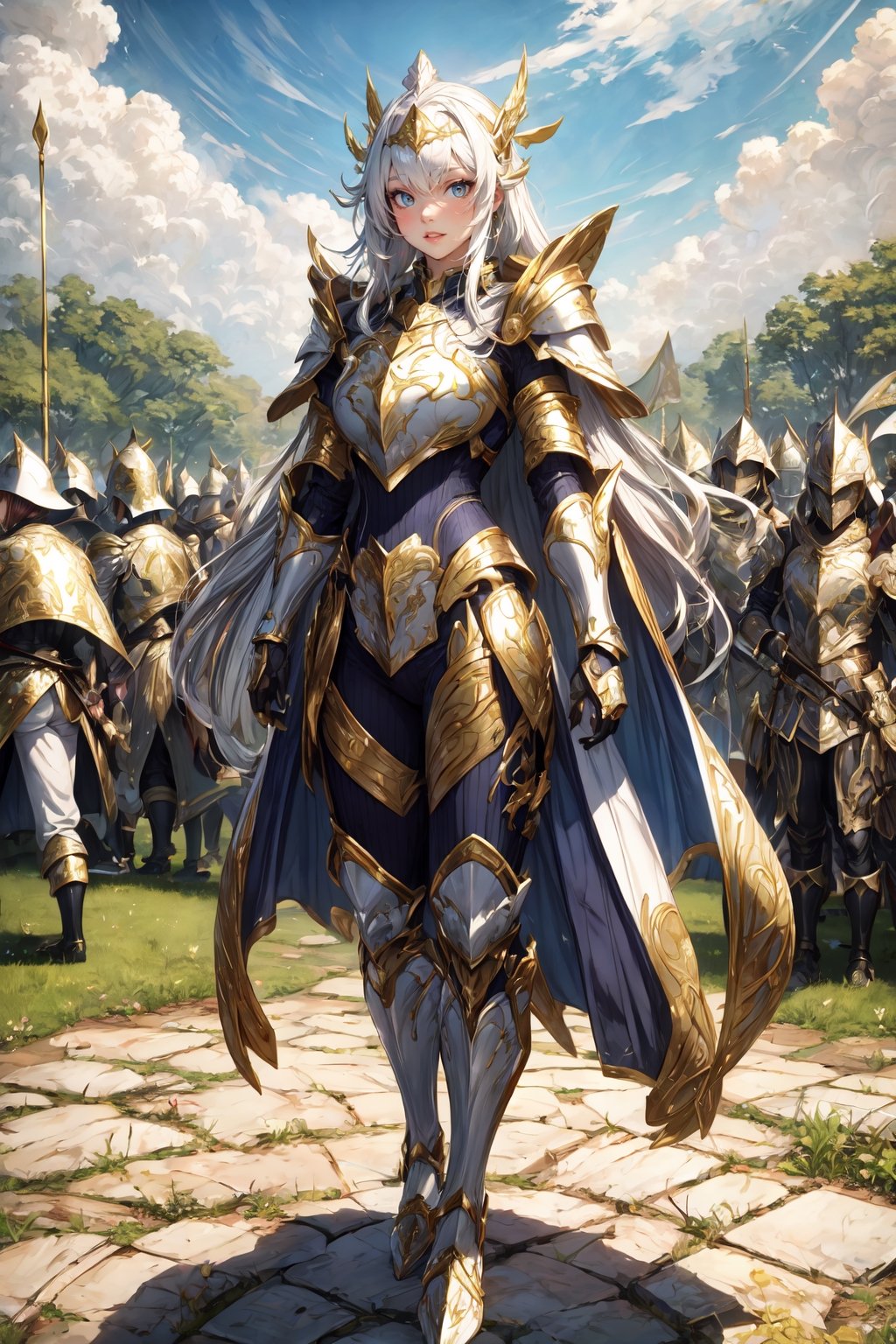 absurdres, highres, ultra detailed, Insane detail in face, ((girl:1.3)), Gold Saint, Saint Seiya Style, Gold Armor, Full body armor, no helmet, Zodiac Knights, Grey hair, fighting pose, gold gloves, long hair, white long cape, messy_hair, Gold eyes, black pants under armor, full body armor, beautiful fields, insane detail full leg armor, god aura, sagittarius armor, Elysium fields, ready for battle, FUJI, midjourney, insane detail in armor, Film(/FUJI/), (army, crowd of soldiers) swords, Multiple Girls Group, armor, 4girl, 6boys, armor