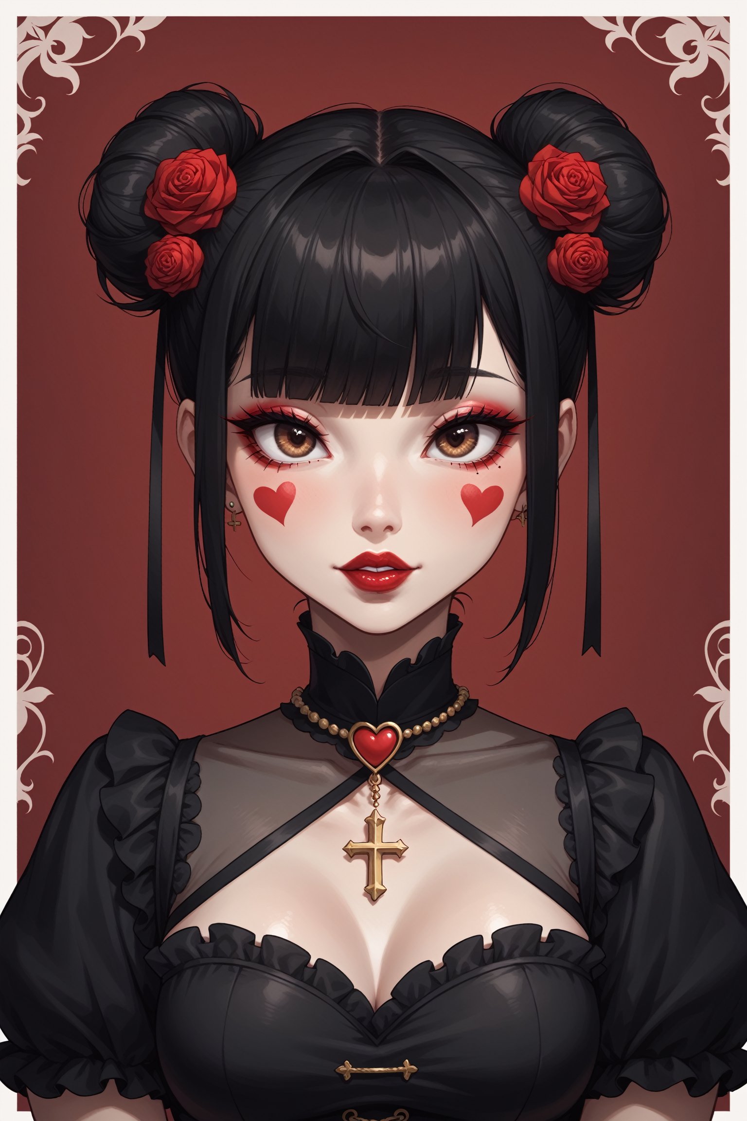 dal-1, 1girl, solo, looking at viewer, short hair, black hair, hair ornament, dress, closed mouth, jewelry, twintails, brown eyes, upper body, flower, heart, frills, parted lips, blunt bangs, hair flower, necklace, hair bun, black dress, eyelashes, clothing cutout, tattoo, double bun, makeup, border, rose, facial mark, portrait, cross, red flower, white border, red background, lace, red rose, red lips, red theme, heart tattoo, heart facial mark
,CONCEPT_irezumi_YakuzaTattoo_ownwaifu,score_9