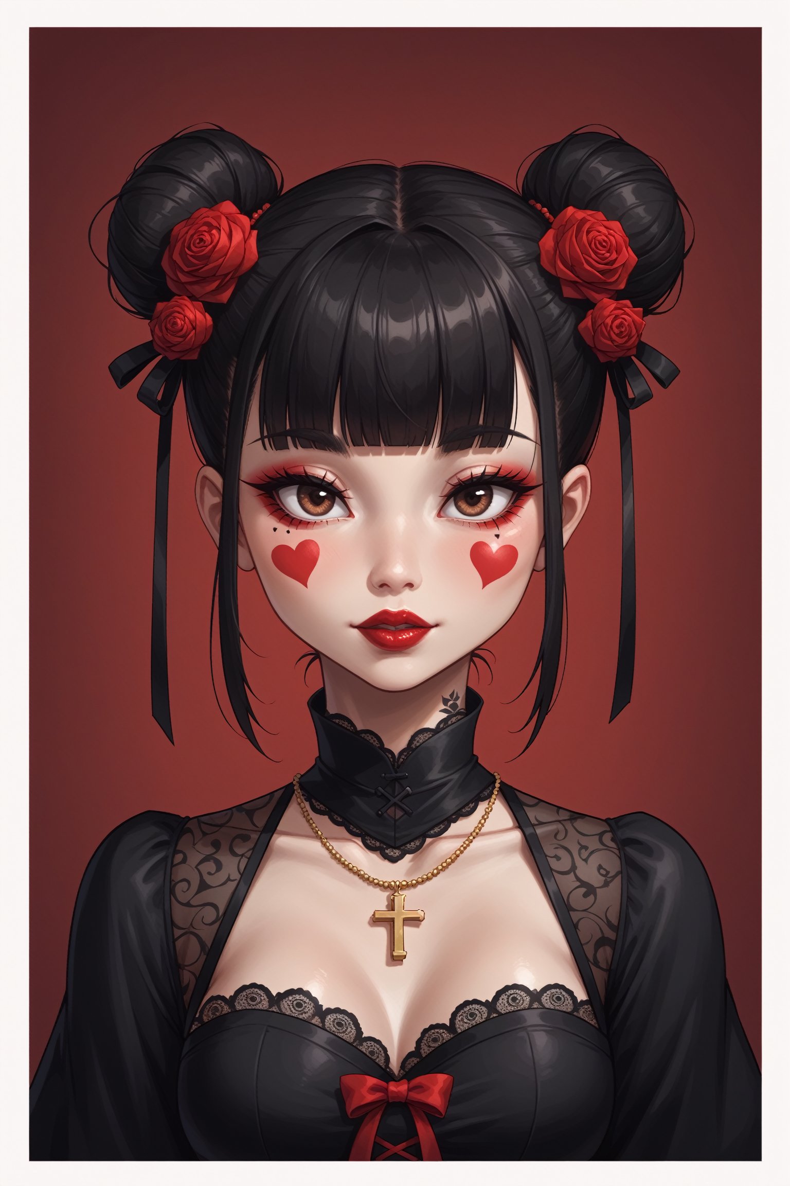 dal-1, 1girl, solo, looking at viewer, short hair, black hair, hair ornament, dress, closed mouth, jewelry, twintails, brown eyes, upper body, flower, heart, frills, parted lips, blunt bangs, hair flower, necklace, hair bun, black dress, eyelashes, clothing cutout, tattoo, double bun, makeup, border, rose, facial mark, portrait, cross, red flower, white border, red background, lace, red rose, red lips, red theme, heart tattoo, heart facial mark
,CONCEPT_irezumi_YakuzaTattoo_ownwaifu,score_9