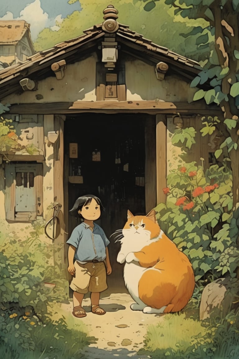 little boy standing next to cute fat cat,black hair,long hair, summer day, symmetry face, niji style, ghibli style