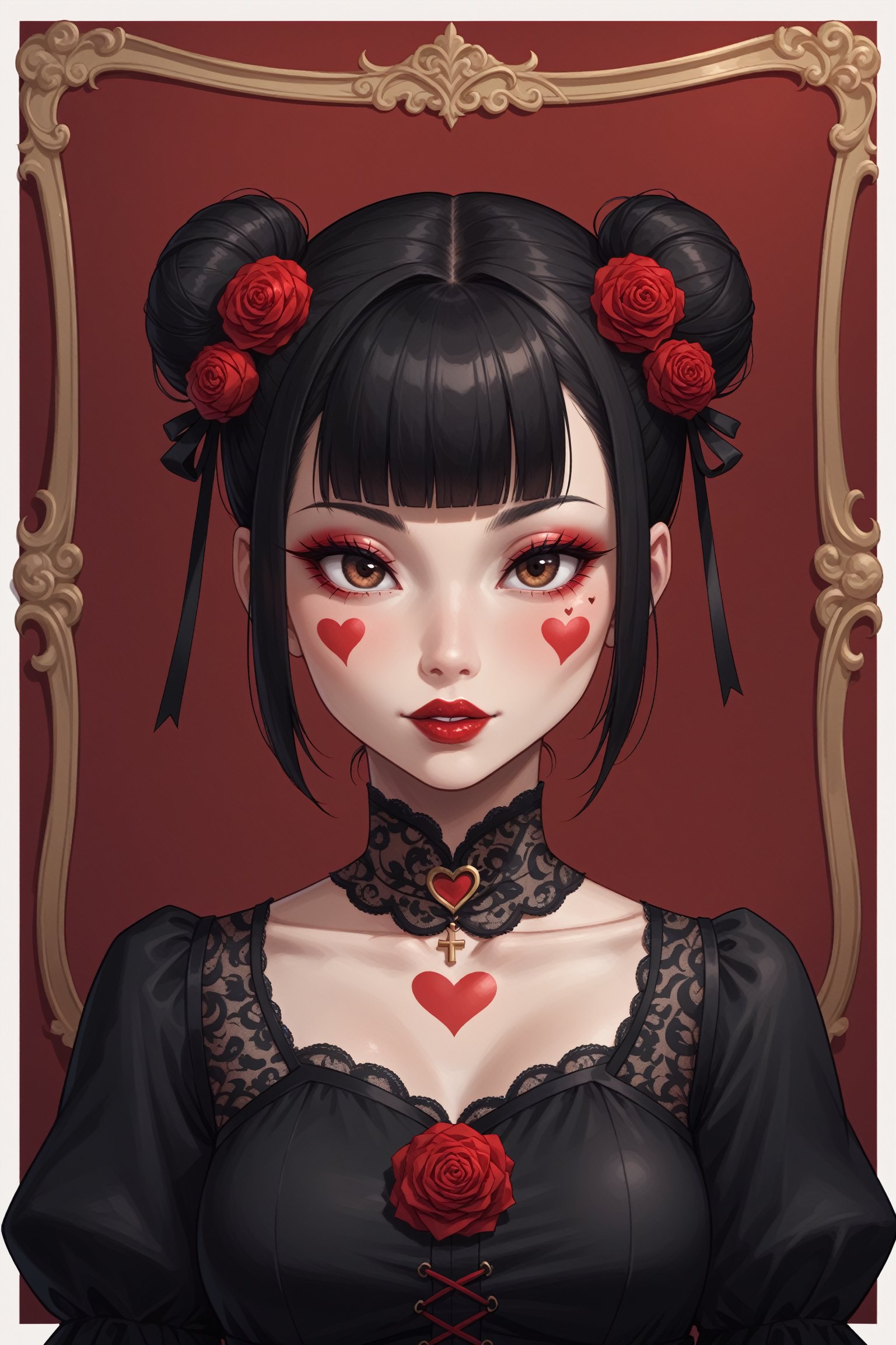 dal-1, 1girl, solo, looking at viewer, short hair, black hair, hair ornament, dress, closed mouth, jewelry, twintails, brown eyes, upper body, flower, heart, frills, parted lips, blunt bangs, hair flower, necklace, hair bun, black dress, eyelashes, clothing cutout, tattoo, double bun, makeup, border, rose, facial mark, portrait, cross, red flower, white border, red background, lace, red rose, red lips, red theme, heart tattoo, heart facial mark
,CONCEPT_irezumi_YakuzaTattoo_ownwaifu,score_9