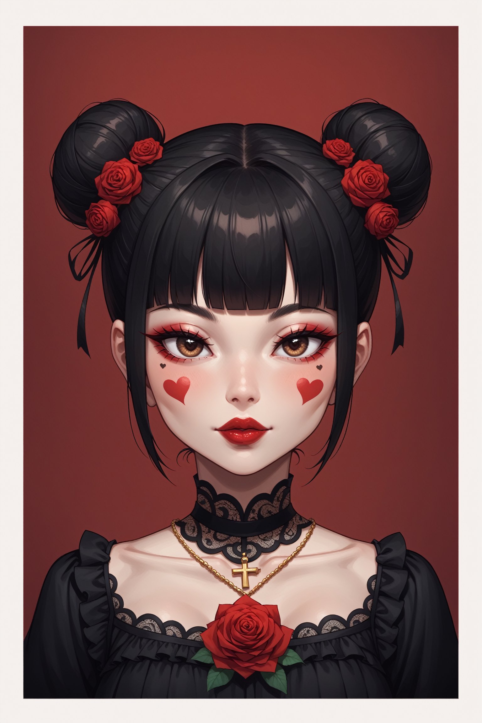 dal-1, 1girl, solo, looking at viewer, short hair, black hair, hair ornament, dress, closed mouth, jewelry, twintails, brown eyes, upper body, flower, heart, frills, parted lips, blunt bangs, hair flower, necklace, hair bun, black dress, eyelashes, clothing cutout, tattoo, double bun, makeup, border, rose, facial mark, portrait, cross, red flower, white border, red background, lace, red rose, red lips, red theme, heart tattoo, heart facial mark
,CONCEPT_irezumi_YakuzaTattoo_ownwaifu,score_9