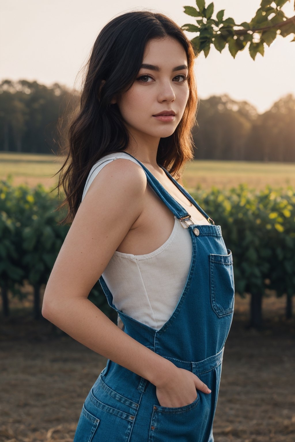 closeup portrait, professional photo, front lit natural lighting, upper body, facing viewer, beautiful thin woman wearing denim overalls, standing straight up outside on a farm, vivid colors,