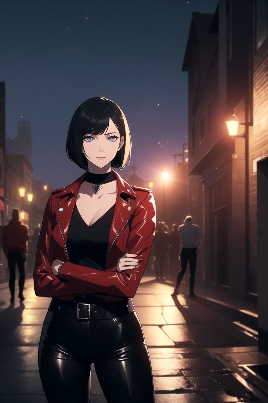 (One Person:1.6), (A Gorgeous 25 Years Old British Female Vampire Mercenary), (Wavy Bobcut Black Hair:1.4), (Pale Skin:1.4), (Sapphire Blue Eyes), (Wearing Red Leather Jacket, Black V-Neck Inner Shirt, and Black Tight Pants:1.4), (City Buildings at Night with Moonlight), (Crossing Arms Pose:1.4), Centered, (Waist-up Shot:1.4), From Front Shot, Insane Details, Intricate Face Detail, Intricate Hand Details, Cinematic Shot and Lighting, Realistic and Vibrant Colors, Masterpiece, Sharp Focus, Ultra Detailed, Taken with DSLR camera, Realistic Photography, Depth of Field, Incredibly Realistic Environment and Scene, Master Composition and Cinematography, castlevania style,castlevania style