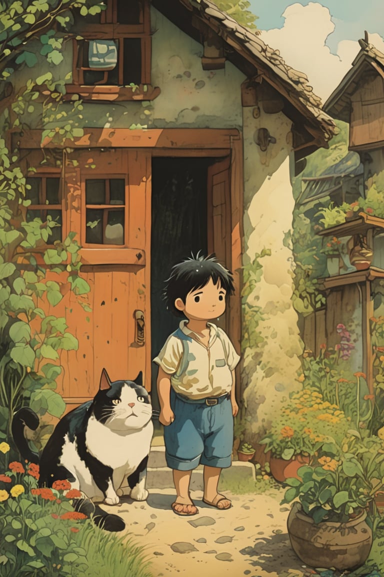 little boy standing next to cute fat cat,black hair,long hair, summer day, symmetry face, niji style, ghibli style