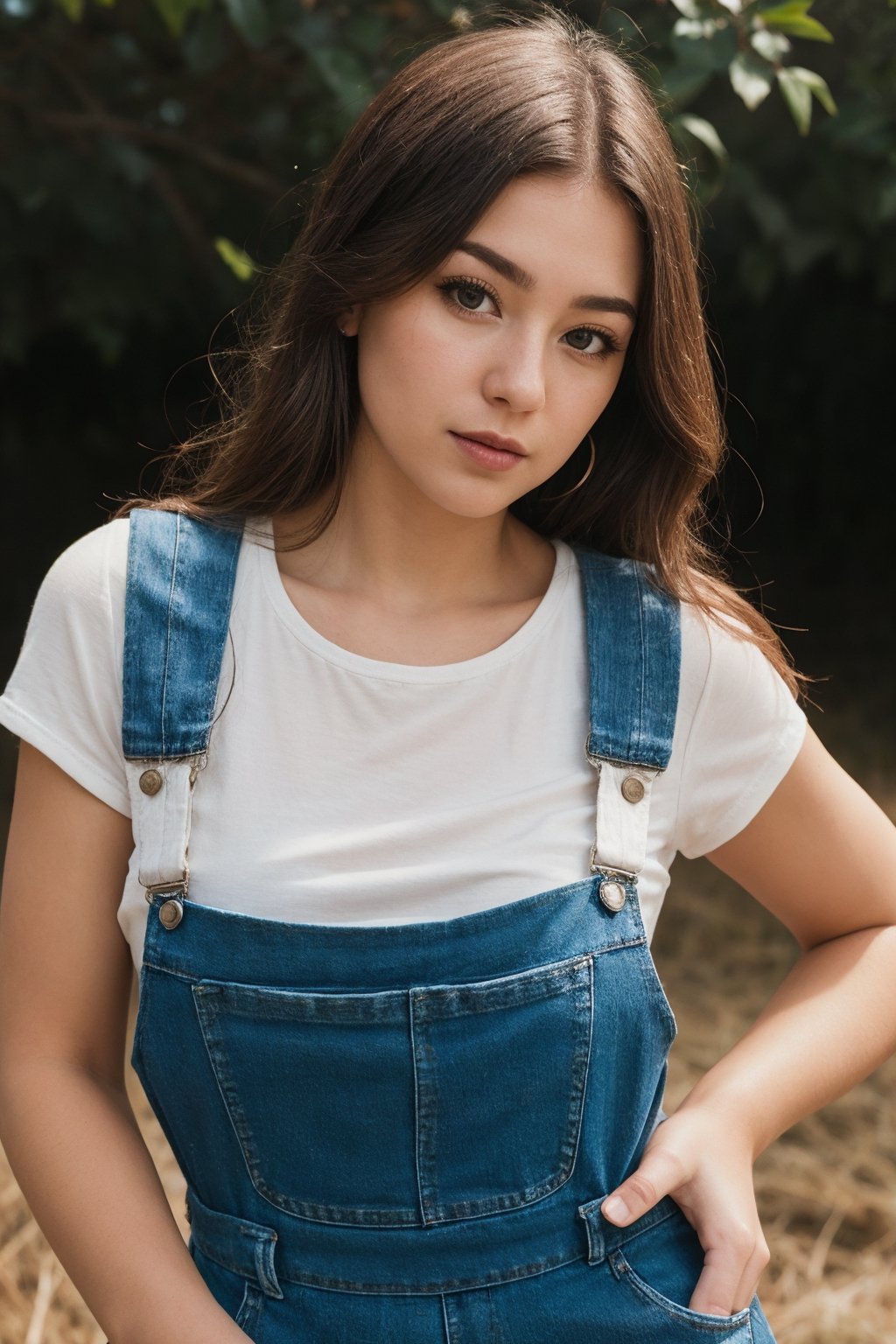 closeup portrait, professional photo, front lit natural lighting, upper body, facing viewer, beautiful thin woman wearing denim overalls, standing straight up outside on a farm, vivid colors,