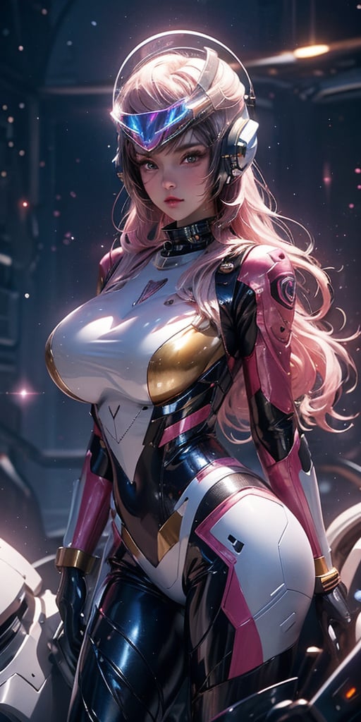 a girl, thunder yellow jacket, tight suit,Space helm of the 1960s,and the anime series G Force of the 1980s,Darf Punk wlop glossy skin, ultrarealistic sweet girl, space helm 60s, holographic, holographic texture, the style of wlop, space, 