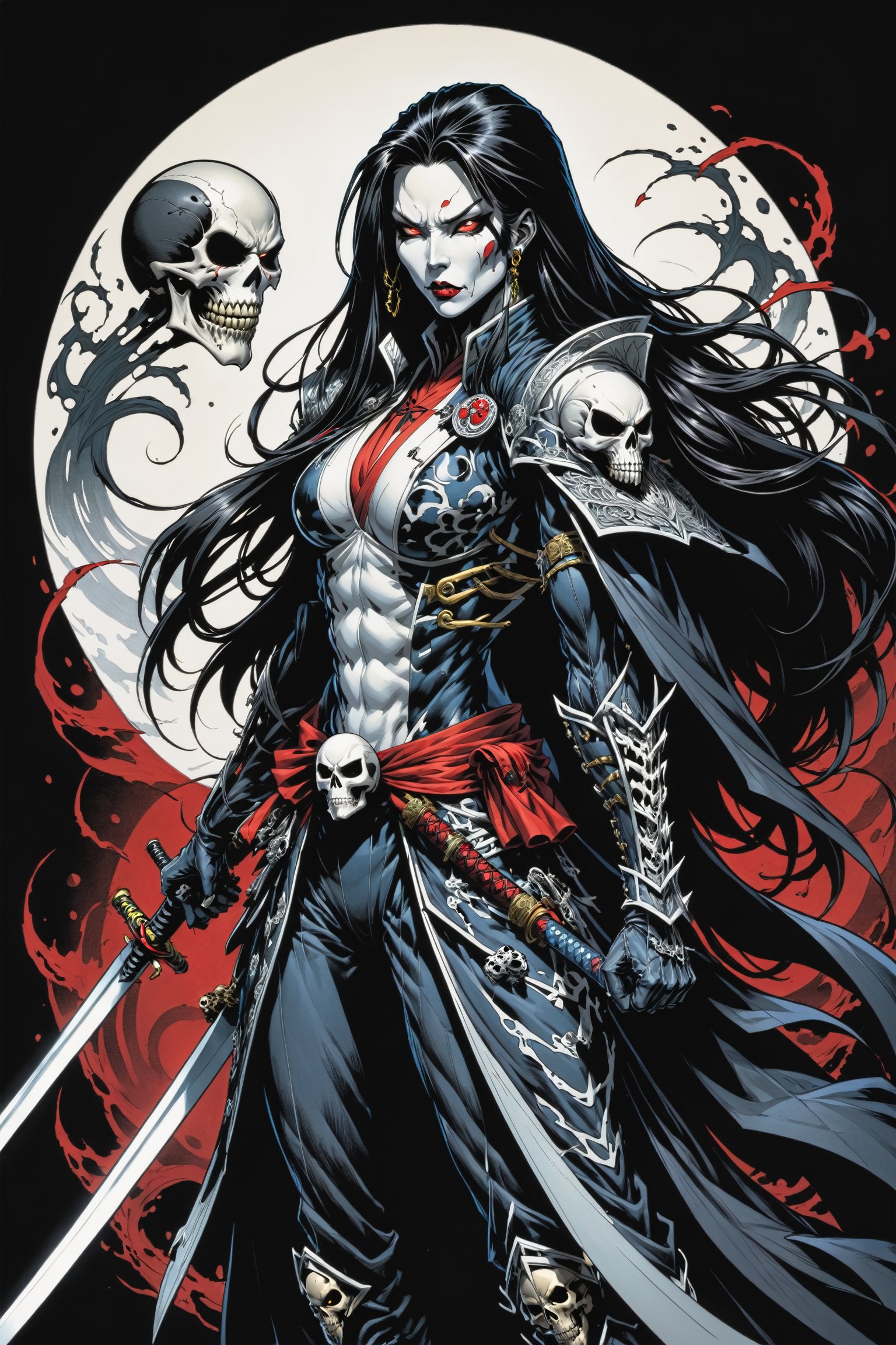 midshot, cel-shading style, centered image, ultra detailed illustration of the comic character ((female Spawn Samurai lady, by Todd McFarlane)), posing, long black long hair, silver and black suit with a skull emblem, long flowing cape,  holding samurai sword, ((view from Behind she’s looking over her shoulder)), ((Full Body)), (tetradic colors), inkpunk, ink lines, strong outlines, art by MSchiffer, bold traces, unframed, high contrast, cel-shaded, vector, 4k resolution, best quality, (chromatic aberration:1.8)