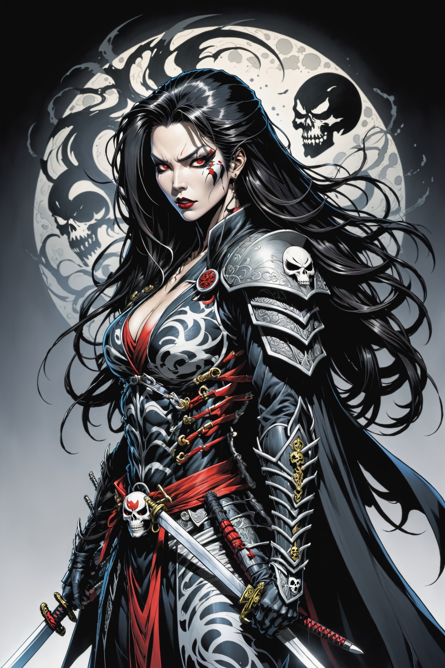 midshot, cel-shading style, centered image, ultra detailed illustration of the comic character ((female Spawn Samurai lady, by Todd McFarlane)), posing, long black long hair, silver and black suit with a skull emblem, long flowing cape,  holding samurai sword, ((view from Behind she’s looking over her shoulder)), ((Full Body)), (tetradic colors), inkpunk, ink lines, strong outlines, art by MSchiffer, bold traces, unframed, high contrast, cel-shaded, vector, 4k resolution, best quality, (chromatic aberration:1.8)