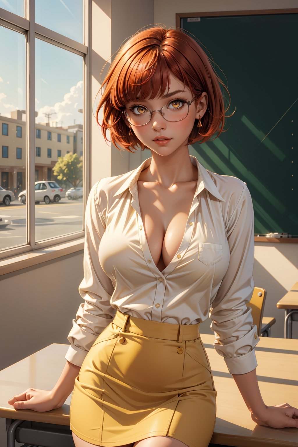 masterpiece, best quality, ultra detailed, ray tracing,  illustration, colorful, cinematic shadow, 1girl, blush, ((large breasts)), (redhead), (short hair), (bob cut), (straight hair), ((swept bangs)), (beautiful eyes), (detailed eyes), (yellow eyes), collarbone, earrings, glasses, nude, ((white shirt)), long sleeves, (aerola), ((mini pencil skirt)), cleavage, skin tight, cowboy shot,  close up, indoor, (school), classroom,