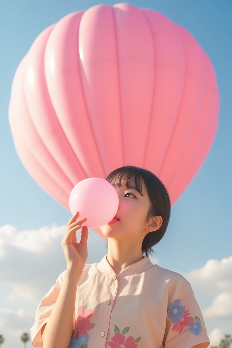 A cheerful and whimsical scene featuring a Japanese girl blowing a large pink bubble with her gum, set against the backdrop of a giant pink hot air balloon. The girl has a playful expression, her eyes sparkling with joy as the bubble expands, ready to pop. She is dressed in a casual, colorful outfit that complements the vibrant atmosphere. The hot air balloon behind her is beautifully detailed, its fabric catching the sunlight and casting a warm glow on the scene. The background is filled with soft, fluffy clouds and a clear blue sky, enhancing the sense of fun and adventure. This image captures the essence of youthful exuberance and the simple pleasures of life, evoking a feeling of happiness and carefree moments