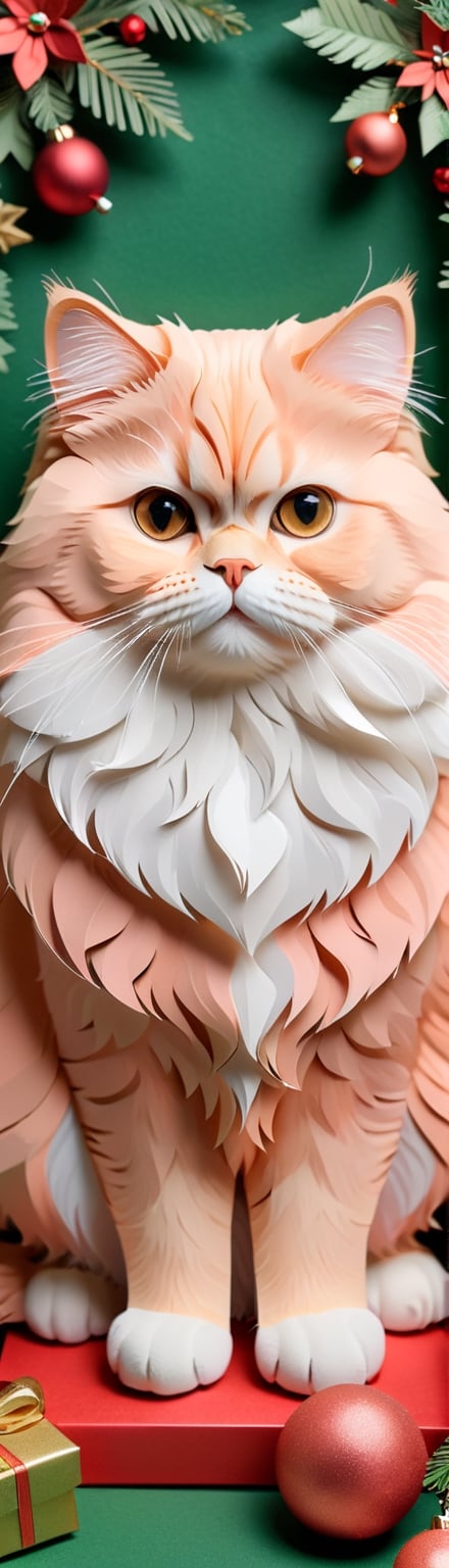 A peach-colored Persian cat in the PaperCutout style , Very detailed, clean, high quality, sharp image , Christmas theme , 