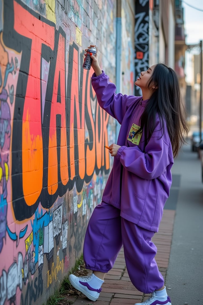 A vibrant and dynamic scene featuring a Japanese girl dressed in oversized purple clothing, passionately creating graffiti on a wall. She is focused and immersed in her art as she spray paints the word "TANSOR" in bold, colorful letters. The wall around her is adorned with various artistic elements, showcasing her creativity and style. The background is filled with urban textures, such as brick and concrete, enhancing the street art vibe. The girl’s hair flows freely, and her expression reflects determination and joy in her artistic expression. This image captures the spirit of urban culture, creativity, and self-expression, celebrating the fusion of fashion and art in a contemporary setting,Japan Costume