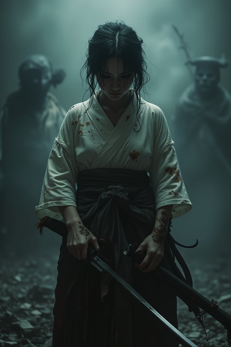 A haunting and intense scene depicting a weary, battered Japanese girl gripping a katana, preparing for a final confrontation. Her clothing is torn, and her expression is one of exhaustion and determination, her eyes narrowed with focus. The katana in her hands glints ominously, its blade stained with the remnants of past battles. The atmosphere is dark and oppressive, with swirling mist and shadows obscuring the background, creating a sense of isolation and impending doom. Faint outlines of ominous figures or the remnants of a previous skirmish may be visible in the gloom, hinting at the challenges she has faced. This image captures a moment of resilience and perseverance in the face of overwhelming adversity, evoking themes of survival, inner strength, and the grim reality of a harsh, unforgiving world