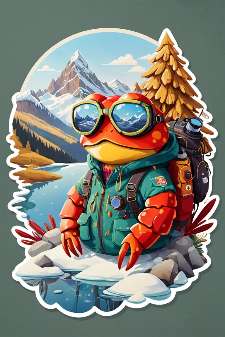 Ilustration,carton crab head, with ski goggles in which mountains are reflected,wearing a mountain jacket, withoud crab eye, stickers