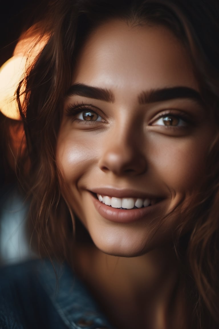 dark close-up portrait of a beautiful womans face, soft lighting, beautiful brown eyes, laughing, messy hair, cute shot with cinematic camera, detailed skin texture, (blush:0.2), (goosebumps:0.3), subsurface scattering ((Vellus hair)), ((chapped lips)),  ,catch lights in eyes, ((imperfect skin)), rosacea, ((teeth gaps)),