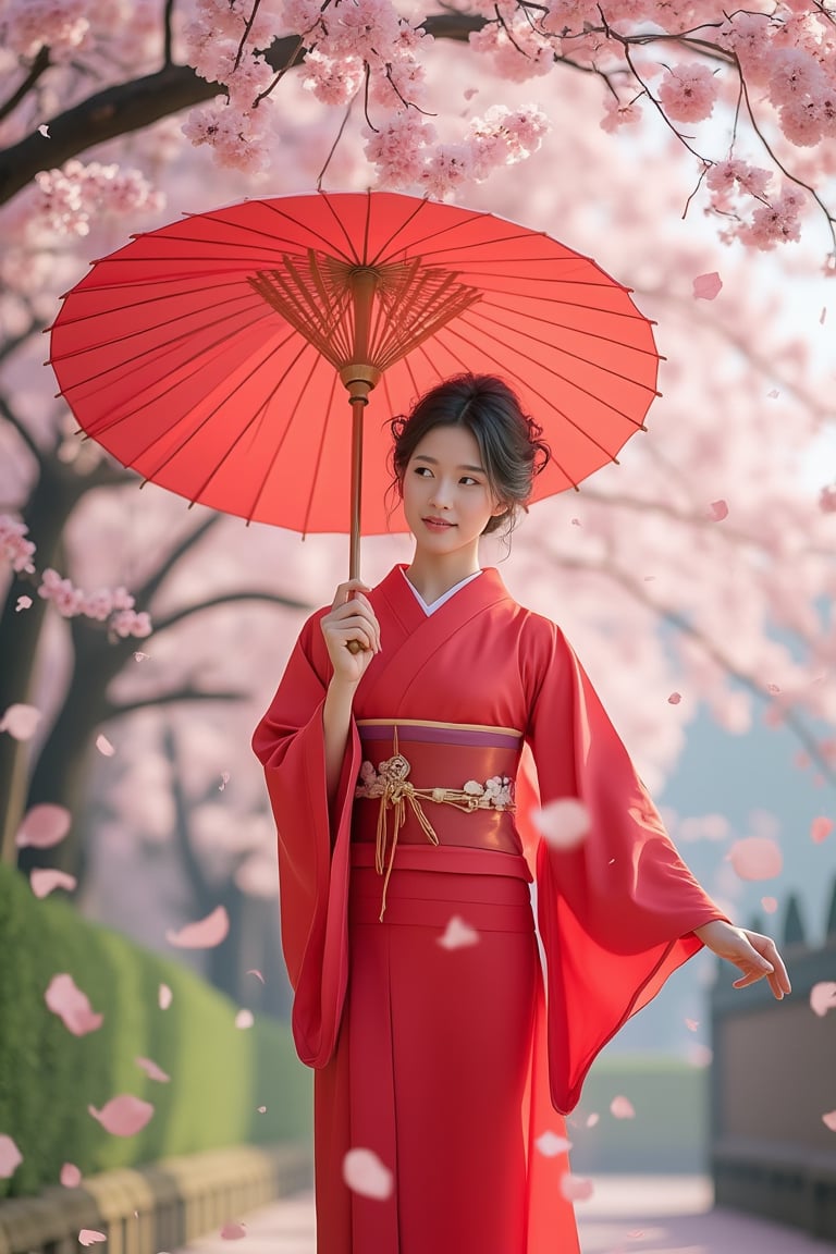 A breathtaking scene featuring a Japanese girl in a vibrant red kimono, gracefully walking beneath a blooming cherry blossom tree (sakura). She holds a matching red umbrella, which adds a striking contrast to the soft pink petals falling around her. The atmosphere is serene and enchanting, with delicate sakura leaves gently drifting through the air, creating a picturesque moment that embodies the beauty of spring in Japan. The girl's expression is one of tranquility and joy as she enjoys the fleeting beauty of the blossoms. The background is filled with hints of green foliage and a soft blue sky, enhancing the overall sense of peace and harmony. This image captures the essence of Japanese culture and the enchanting beauty of nature, evoking a feeling of nostalgia and appreciation for the ephemeral moments in life