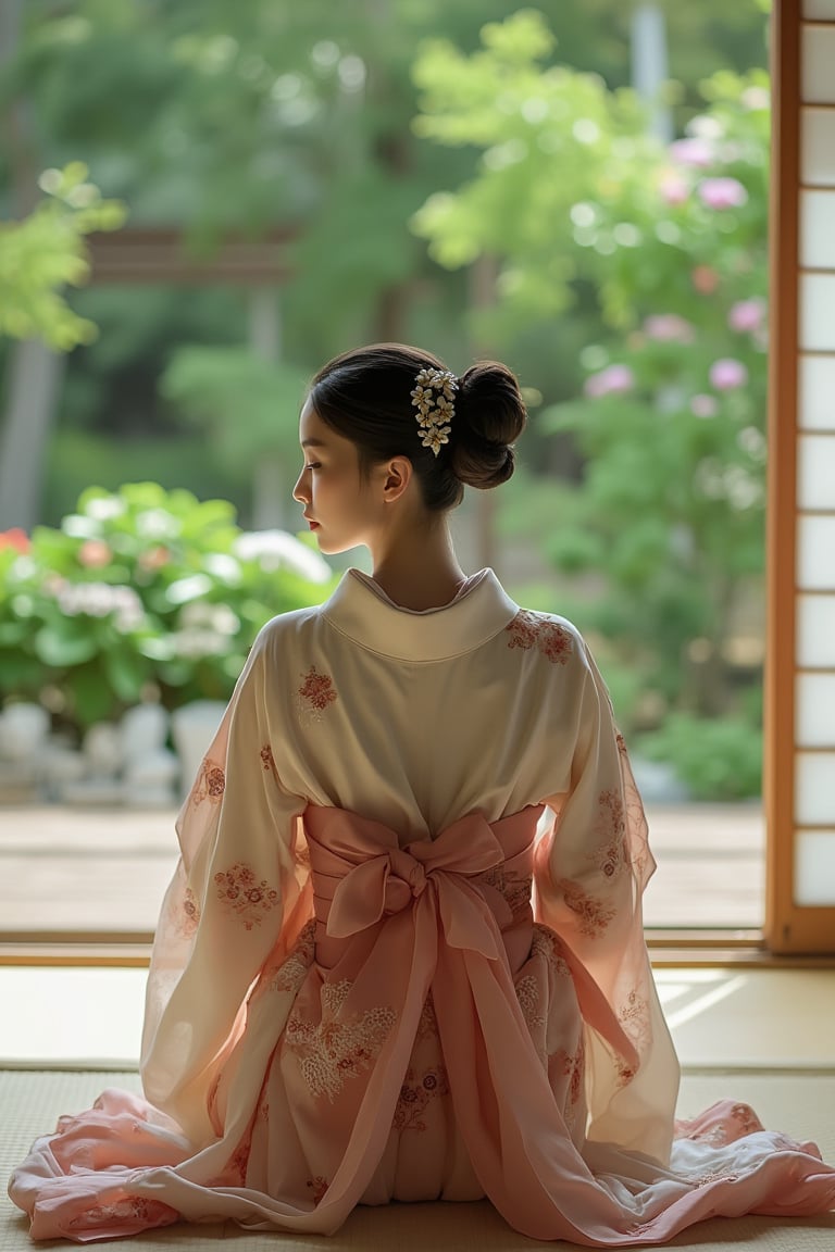 A serene and beautiful scene featuring a Japanese girl with a hairpin elegantly styled in her hair, dressed in a traditional kimono. She sits gracefully on the tatami floor during a tea ceremony, embodying the poise and tranquility of this cultural ritual. Her kimono is adorned with intricate patterns that reflect the beauty of Japanese aesthetics. In the background, a sliding door opens to reveal a lush green garden, with vibrant foliage and delicate flowers that enhance the peaceful atmosphere. Soft, natural light filters through the door, casting gentle shadows and highlighting the girl’s serene expression as she prepares for the tea ceremony. This image captures the essence of Japanese culture, emphasizing harmony, beauty, and the appreciation of nature,Japan Costume