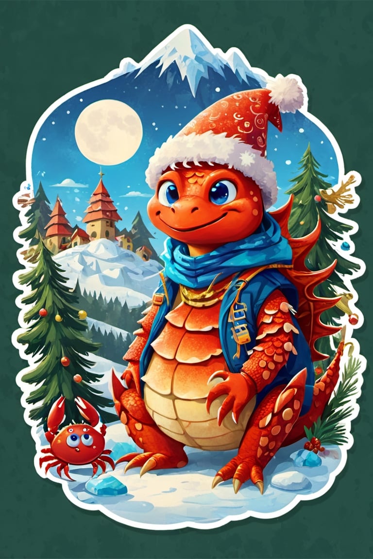 Ilustration, carton red dragon, blue eyes, in a Christmas hat, wearing a mountain jacket, withoud crab eye, stickers,