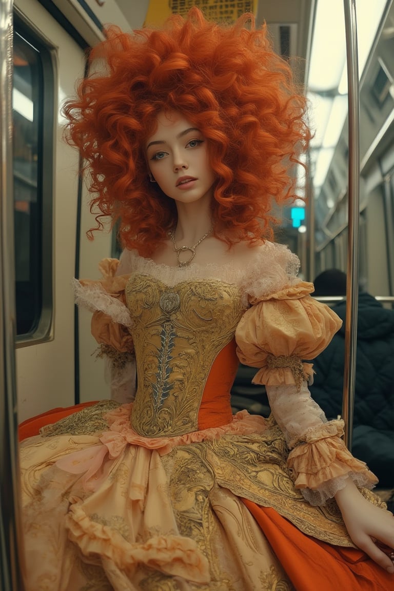 A striking portrait of a beautiful Japanese girl dressed as an elaborate rococo princess, sitting on a metro train. Her gown is a masterpiece of intricate details, with layers of ruffles, lace, and vibrant colors that evoke the opulent style of the 18th century. Her hair is a magnificent creation, a towering mass of curls and waves in a vivid shade of red that commands attention. Despite the humble setting of the metro car, her expression is one of poise and grace, with delicate features and captivating eyes that draw the viewer in. This image blends the grandeur of rococo fashion with the mundane reality of modern life, creating a surreal and visually stunning contrast that leaves a lasting impression,Japan Costume