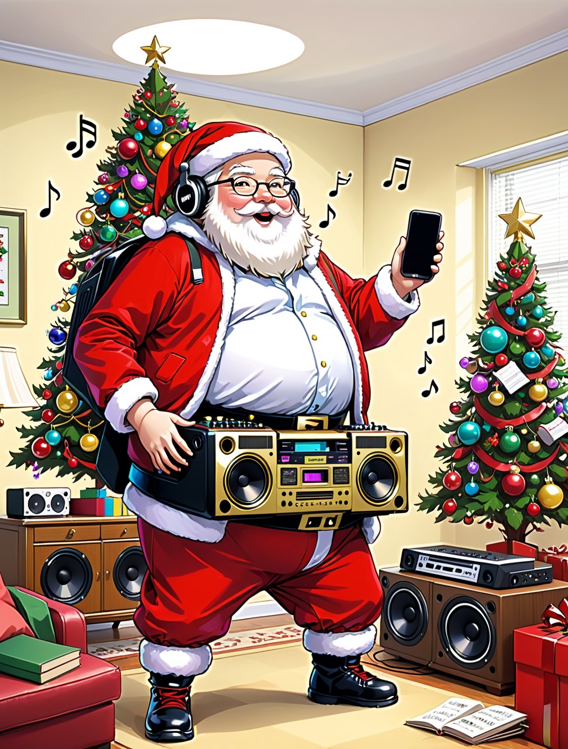 ((anime)), chubby Santa Claus wearing hip hop outfit in the living room, a boom box on the shoulder, musical notes floating in the air, Christmas tree, more detail XL, SFW, solo, 