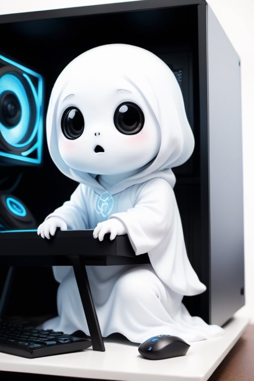 zhibi, chibi, animal Ghost, small Ghost, chibi Ghost, sitting in a gaming computer /