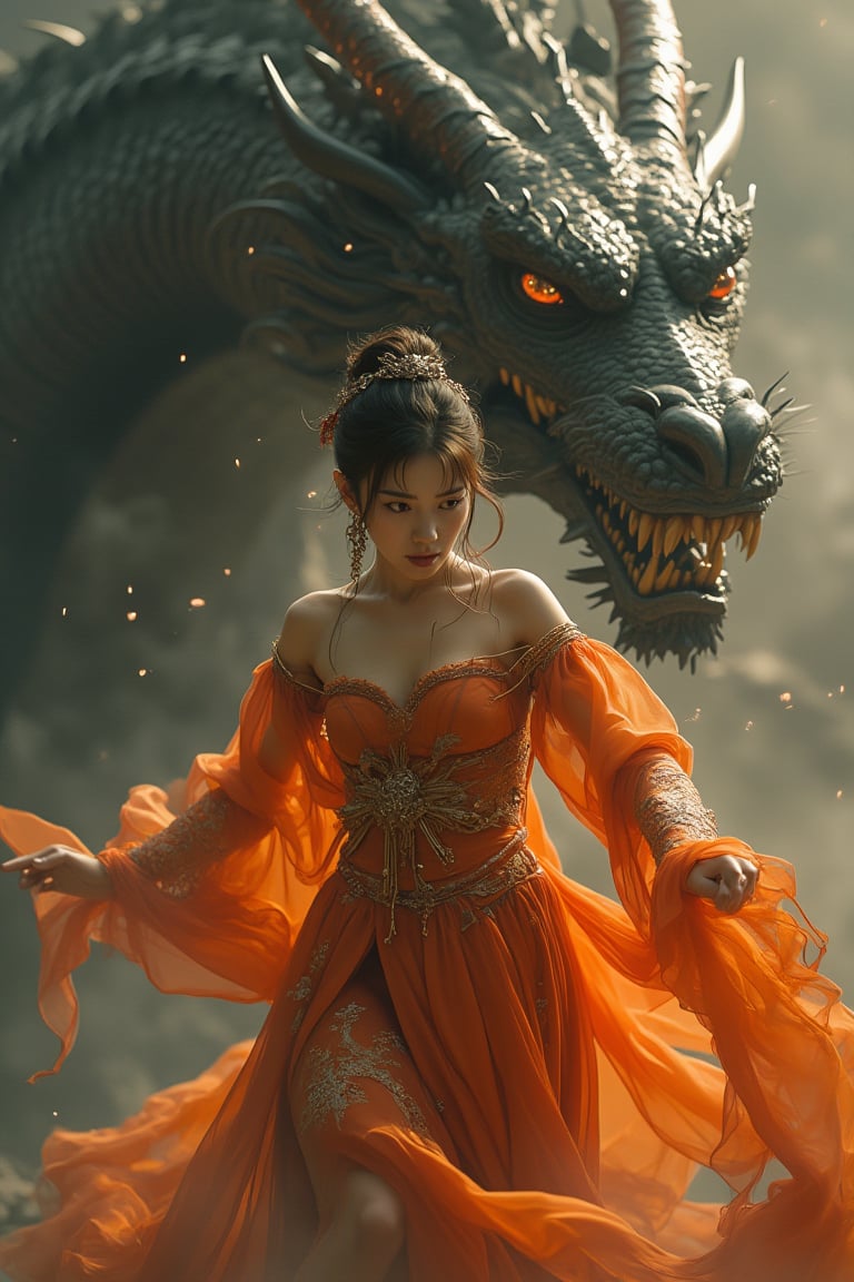 A tense and dramatic scene featuring a Japanese girl dressed in an exquisite orange outfit, frantically trying to evade a menacing dragon. Her luxurious attire, adorned with intricate patterns and flowing fabrics, contrasts sharply with the danger she faces. The dragon looms in the background, its scales glistening ominously, eyes fixed on her with an intense gaze. The atmosphere is thick with suspense, as the surrounding environment is filled with dark, swirling clouds and flickering shadows, enhancing the sense of peril. The girl’s expression is a mix of fear and determination as she navigates her escape, embodying both elegance and urgency. This image captures the essence of a high-stakes fantasy encounter, evoking themes of danger, resilience, and the struggle for survival against overwhelming odds