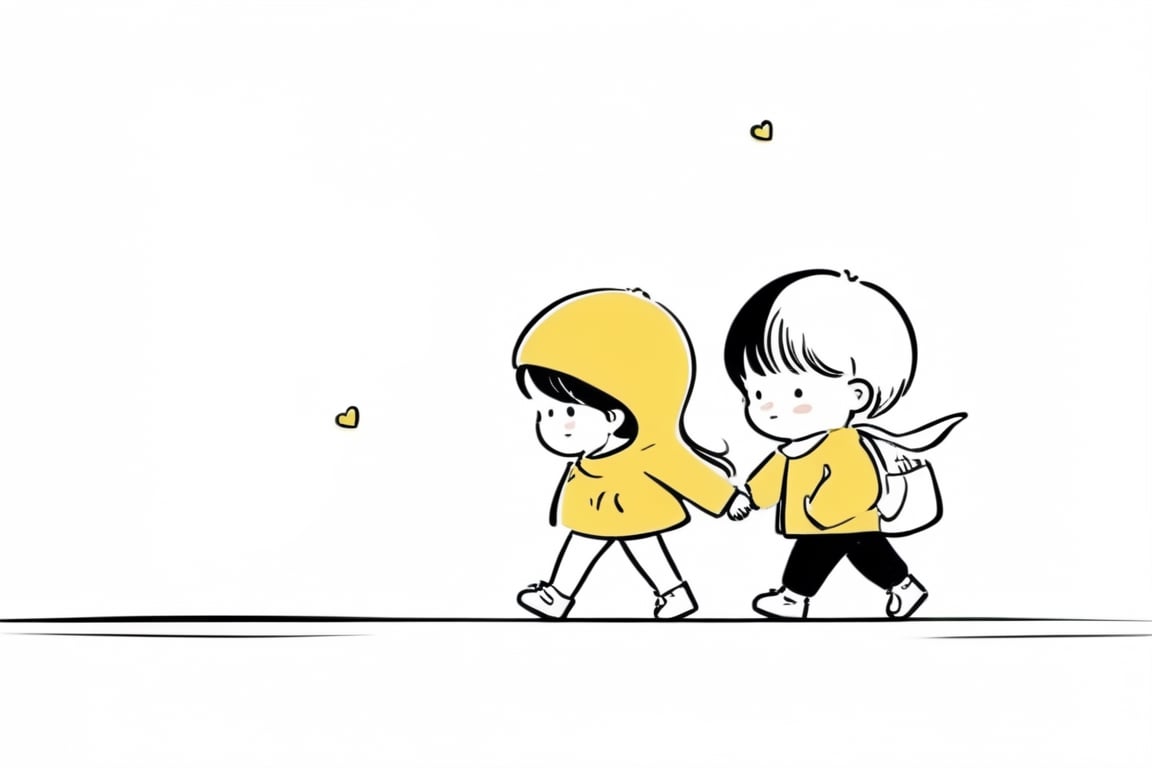 a boy and a girl walking on street, Line Chibi yellow, sping, white background, 