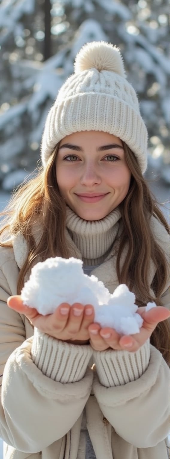 A serene winter portrait of a young woman wearing a cozy white beanie, her hair peeking out playfully from underneath. She is joyfully holding a snowball in her hands, her expression one of delight and wonder. The background features a picturesque scene of snow-covered trees, their branches heavy with fresh powder, creating a dreamy, ethereal atmosphere. The soft, natural light filters through the branches, casting gentle shadows and illuminating her face with a warm glow. The overall composition evokes a sense of tranquility and the pure joy of winter, capturing a moment of playful beauty in a snowy landscape