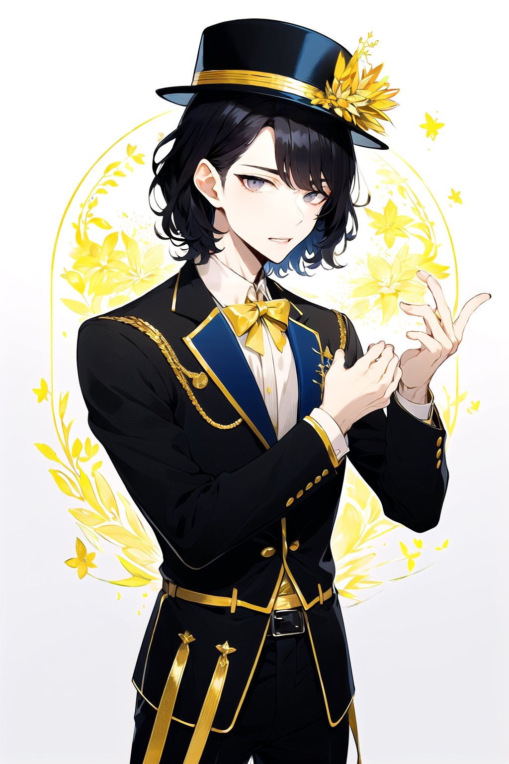 (Gray eyes, black hair, medium hair, wavy hair, 1man), suit decored, suit with belt, blazer, ribbons, fancy_hat, blue, blue, white, gold,Hanahaki disease, gold background 